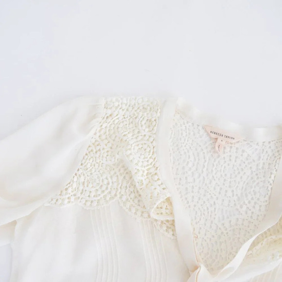 Rebecca Taylor Cream Front Tie Chiffon Eyelet Long Sleeve Blouse 4 - Picture 10 of 12